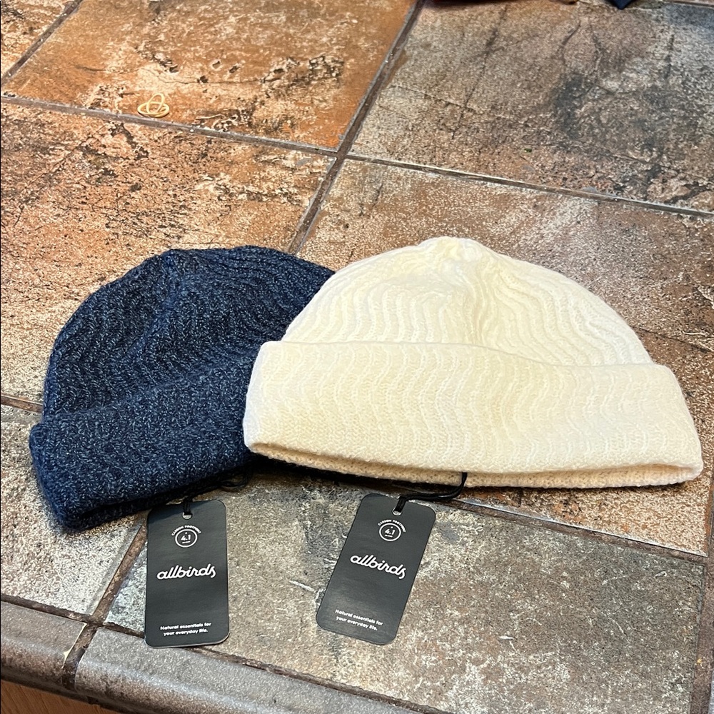 Lot of Two Allbirds 100% Merino Beanies, Ironwood Blue and Natural White